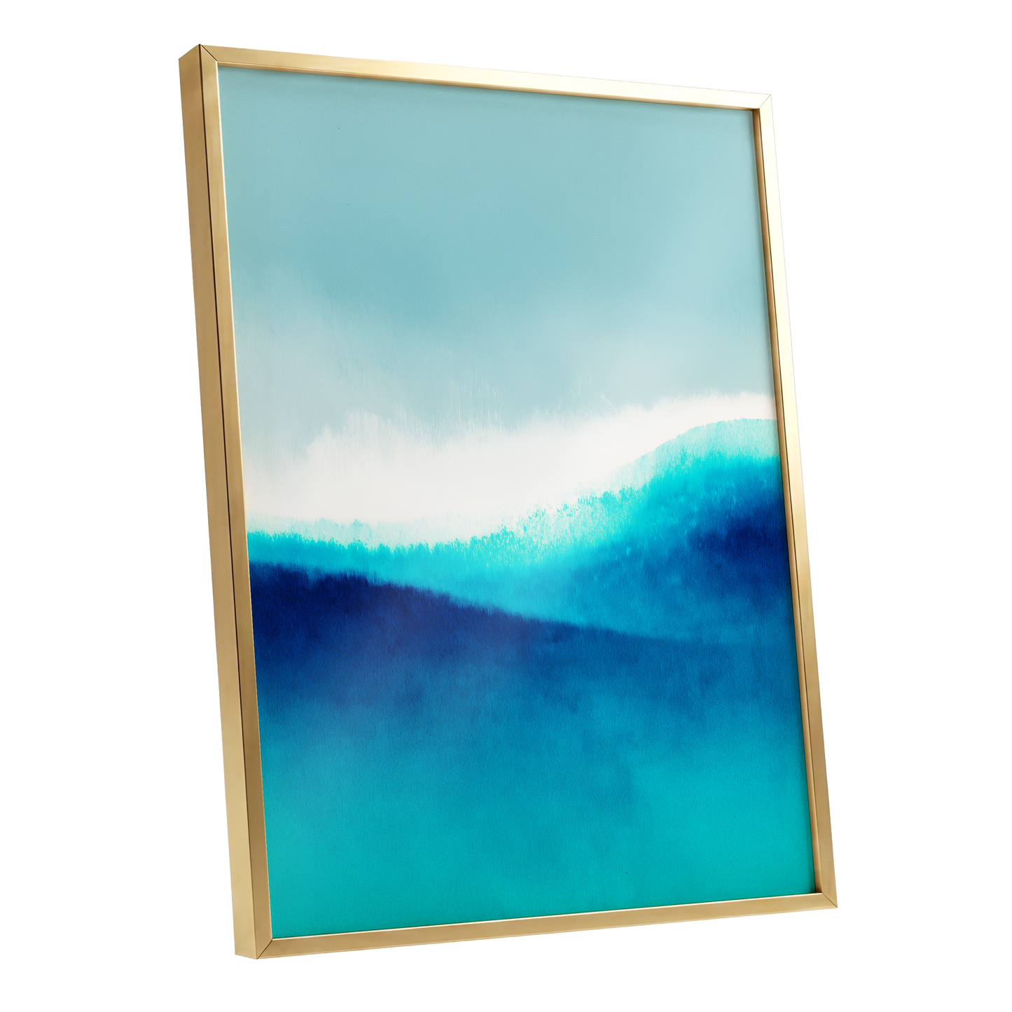 Azure Ascending, blue, white, gray abstract wall art shown as a gold framed poster wall art print