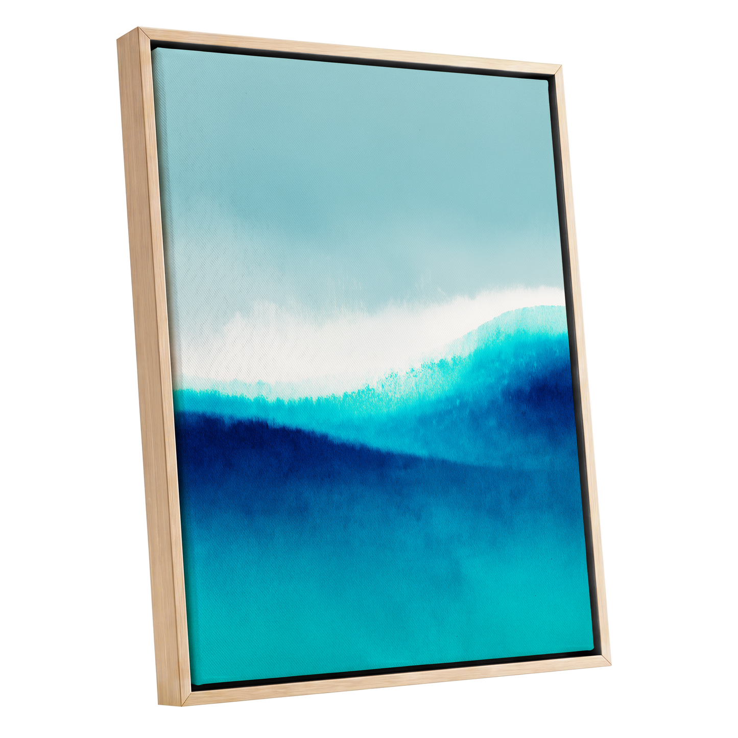 Azure Ascending, blue, white, gray abstract wall art shown as a oak framed canvas wall art