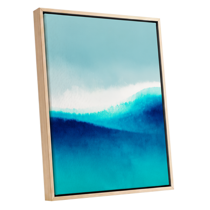 Azure Ascending, blue, white, gray abstract wall art shown as a oak framed canvas wall art