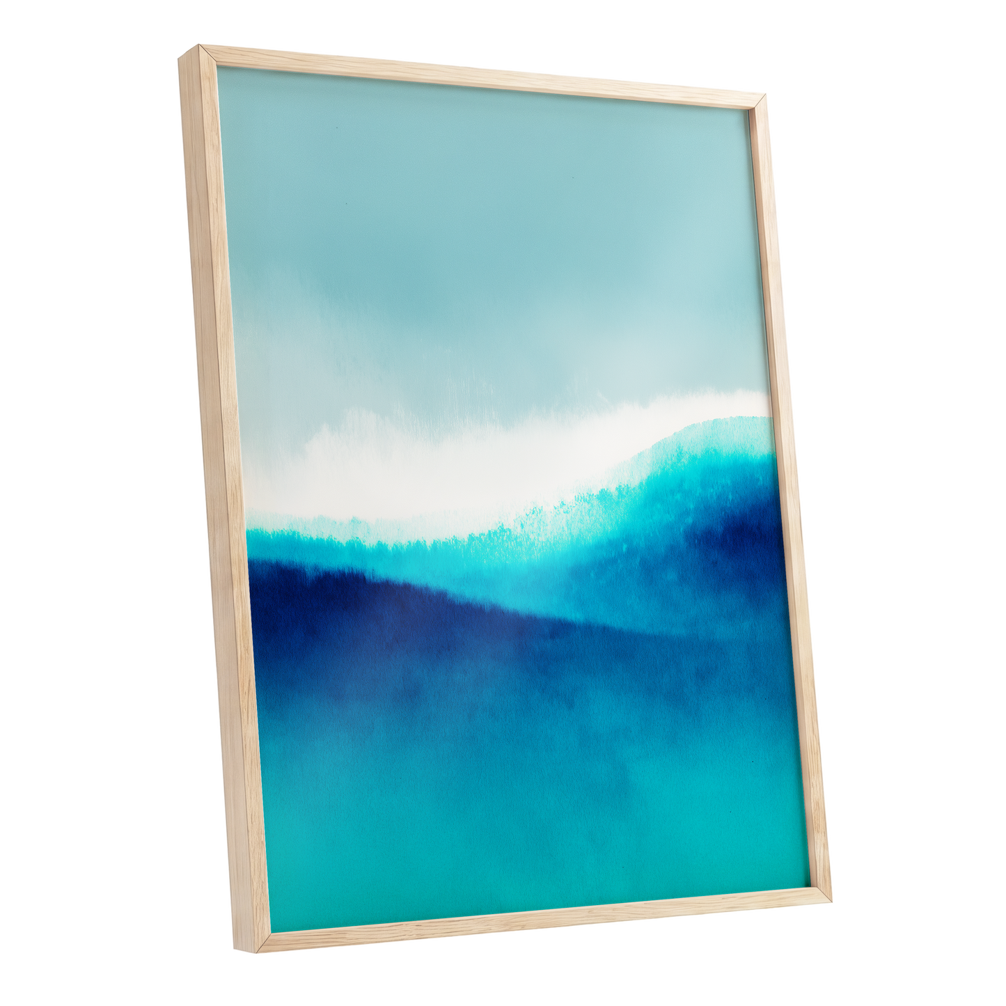Azure Ascending, blue, white, gray abstract wall art shown as a oak framed poster wall art print
