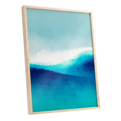 Azure Ascending, blue, white, gray abstract wall art shown as a oak framed poster wall art print