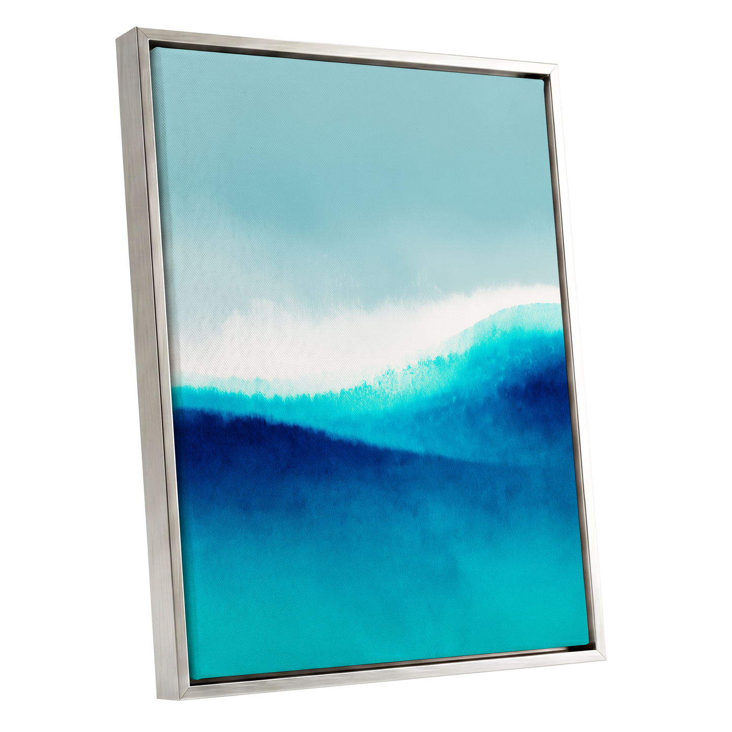 Azure Ascending, blue, white, gray abstract wall art shown as a silver framed canvas wall art