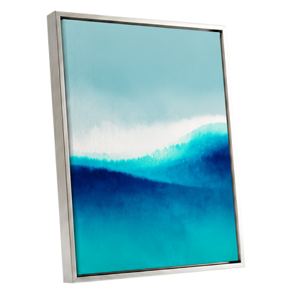Azure Ascending, blue, white, gray abstract wall art shown as a silver framed canvas wall art