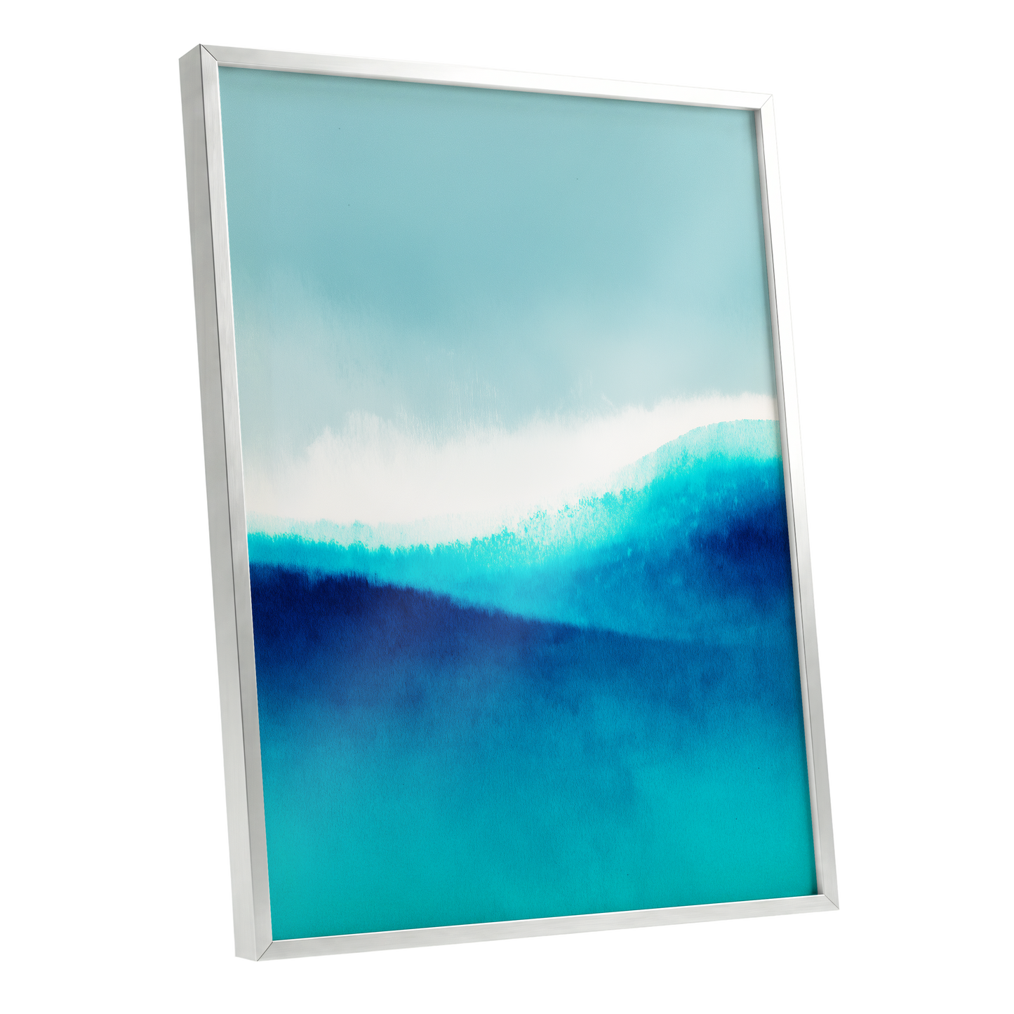 Azure Ascending, blue, white, gray abstract wall art shown as a silver framed poster wall art print
