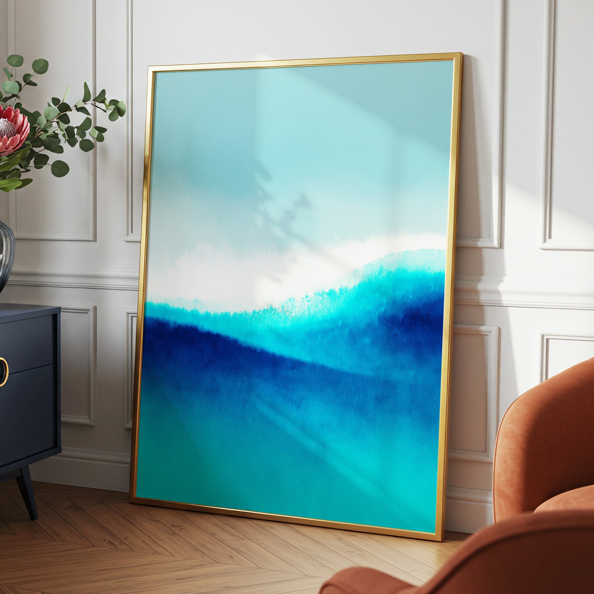 Azure Ascending, blue, white, gray abstract wall art displayed in a styled interior, gallery view 2