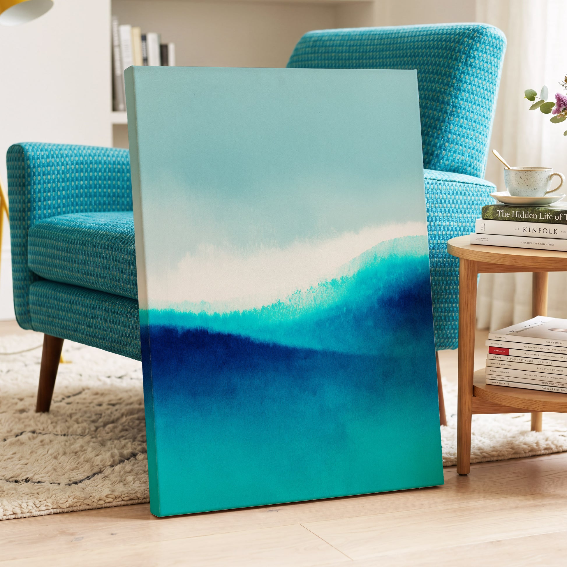 Azure Ascending, blue, white, gray abstract wall art displayed in a styled interior, gallery view 3