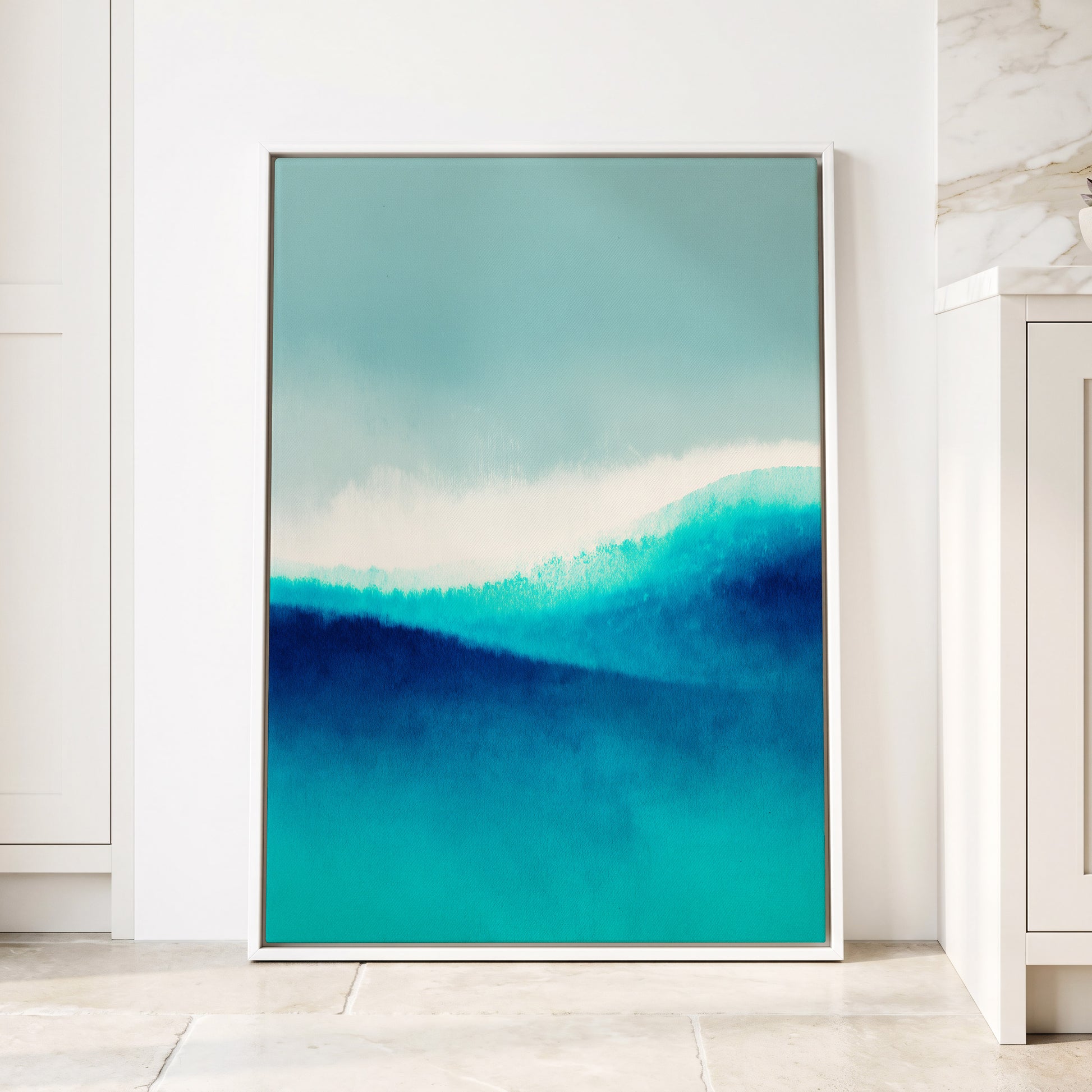 Azure Ascending, blue, white, gray abstract wall art displayed in a styled interior, gallery view 4