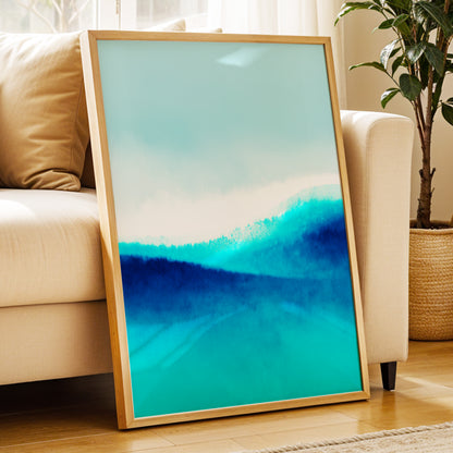 Azure Ascending, blue, white, gray abstract wall art displayed in a styled interior, gallery view 6