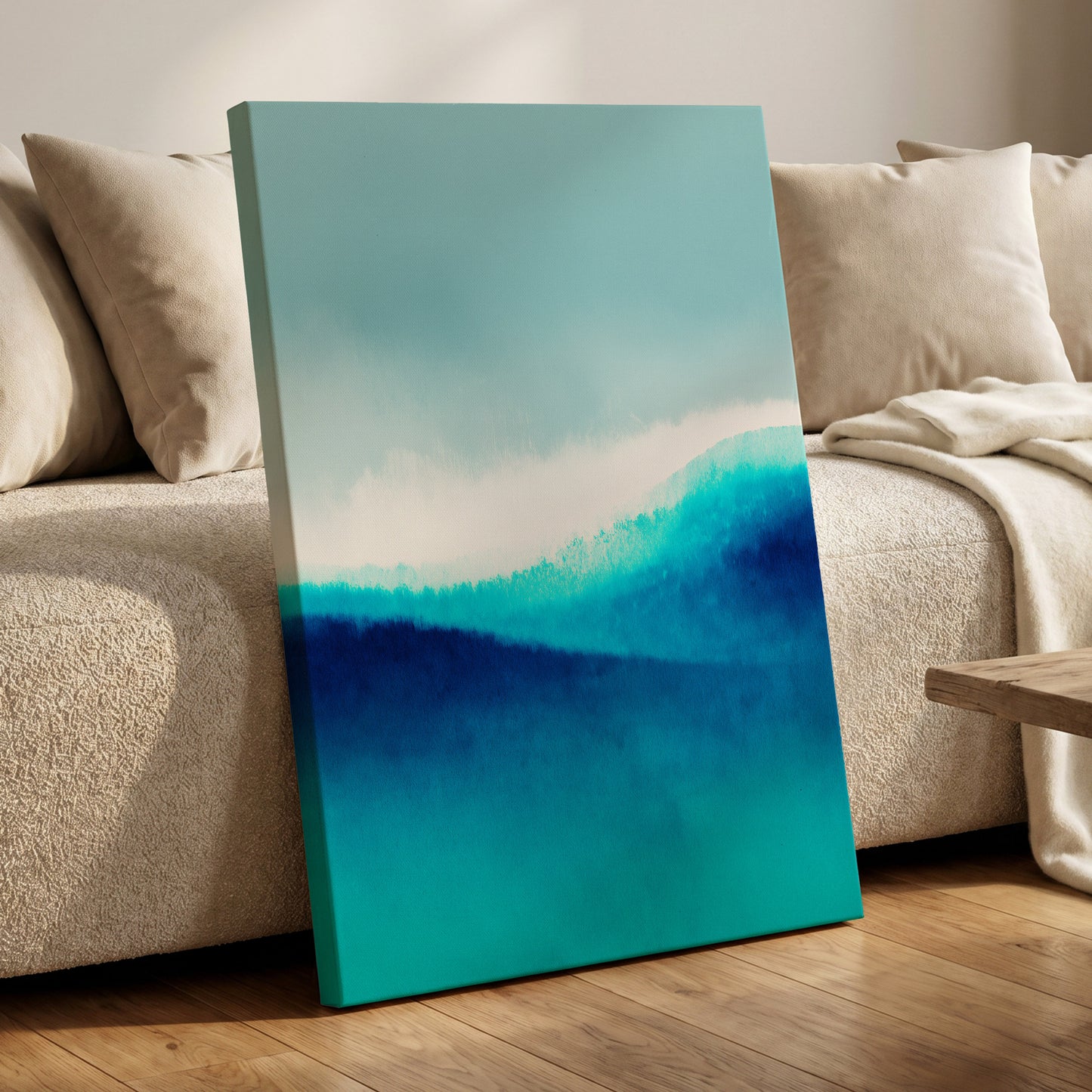 Azure Ascending, blue, white, gray abstract wall art displayed in a styled interior, gallery view 7