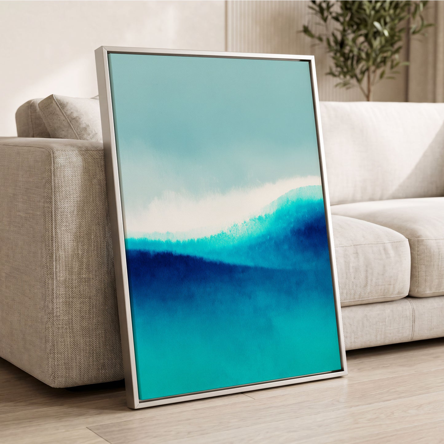 Azure Ascending, blue, white, gray abstract wall art displayed in a styled interior, gallery view 8