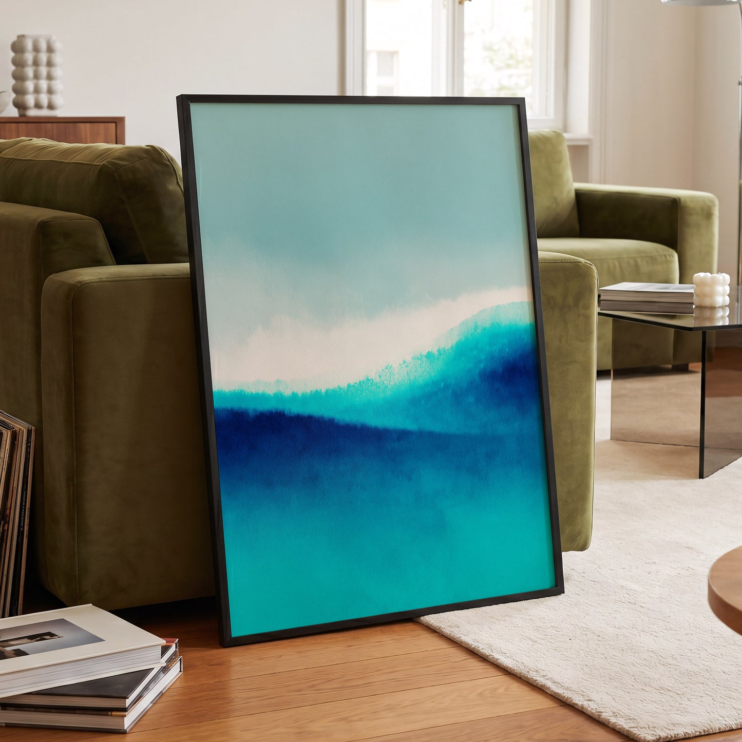 Azure Ascending, blue, white, gray abstract wall art displayed in a styled interior, gallery view 9