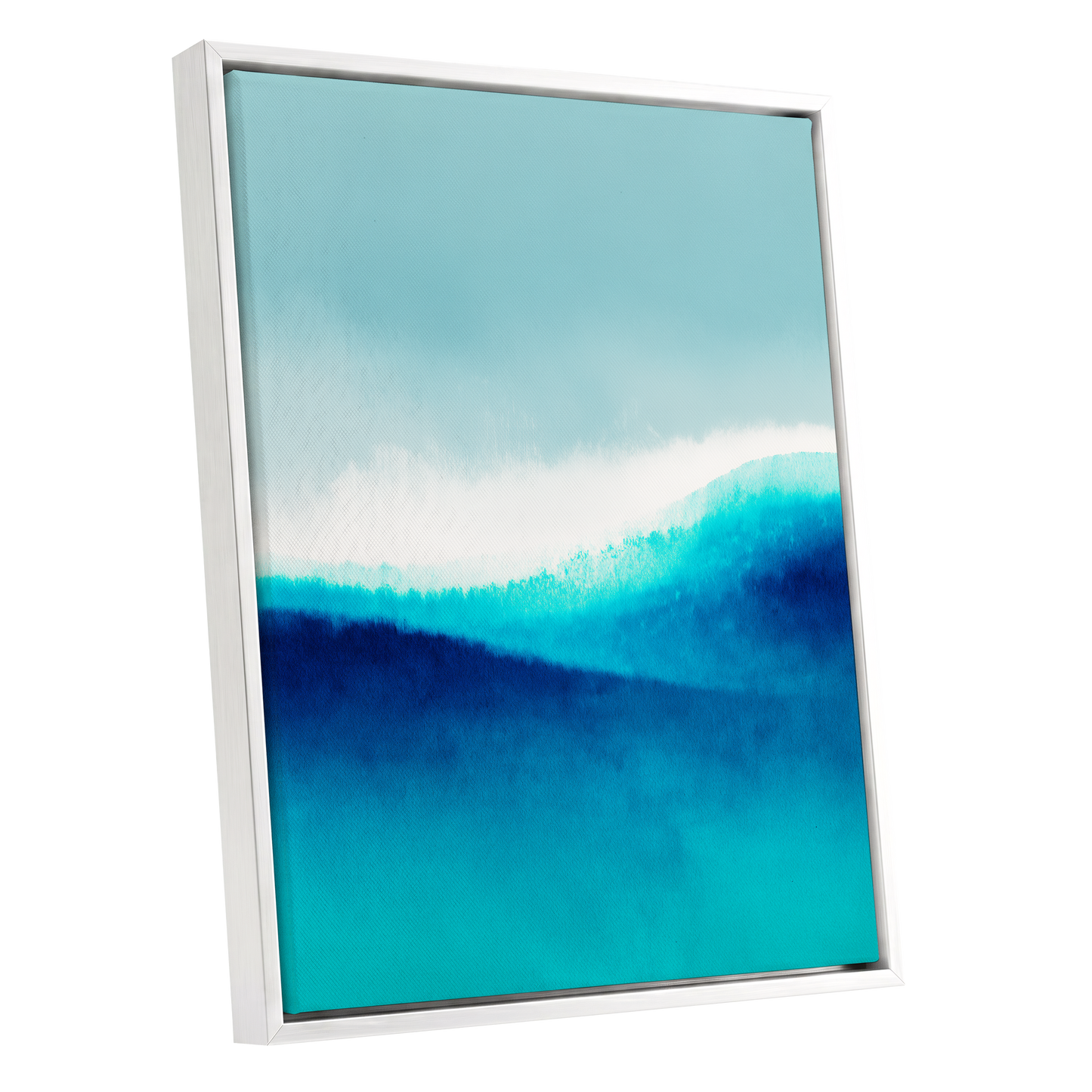 Azure Ascending, blue, white, gray abstract wall art shown as a white framed canvas wall art