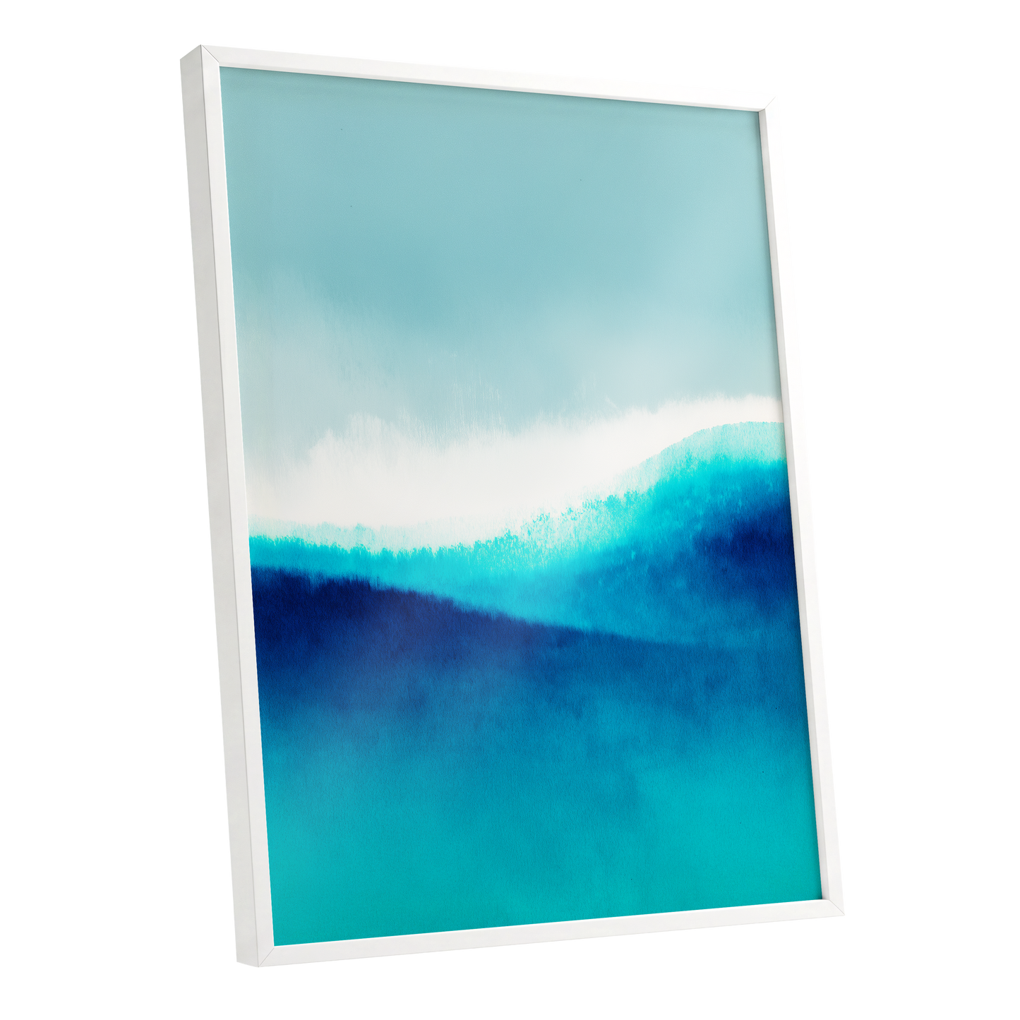 Azure Ascending, blue, white, gray abstract wall art shown as a white framed poster wall art print