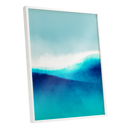 Azure Ascending, blue, white, gray abstract wall art shown as a white framed poster wall art print