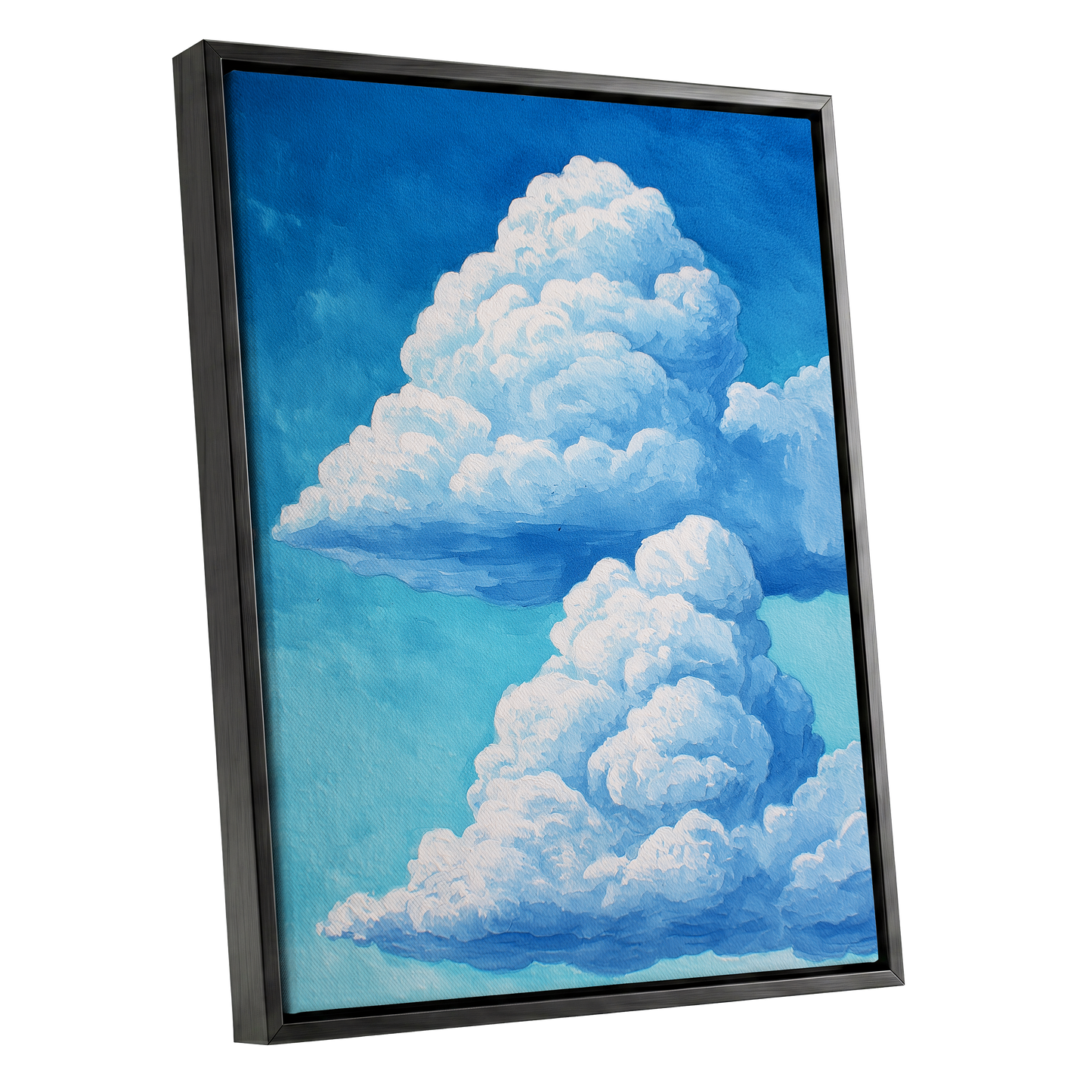 Azure Cloud Towers, blue, white, beige nature wall art shown as a black framed canvas wall art