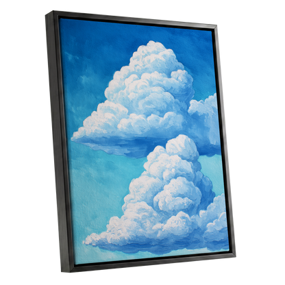 Azure Cloud Towers, blue, white, beige nature wall art shown as a black framed canvas wall art