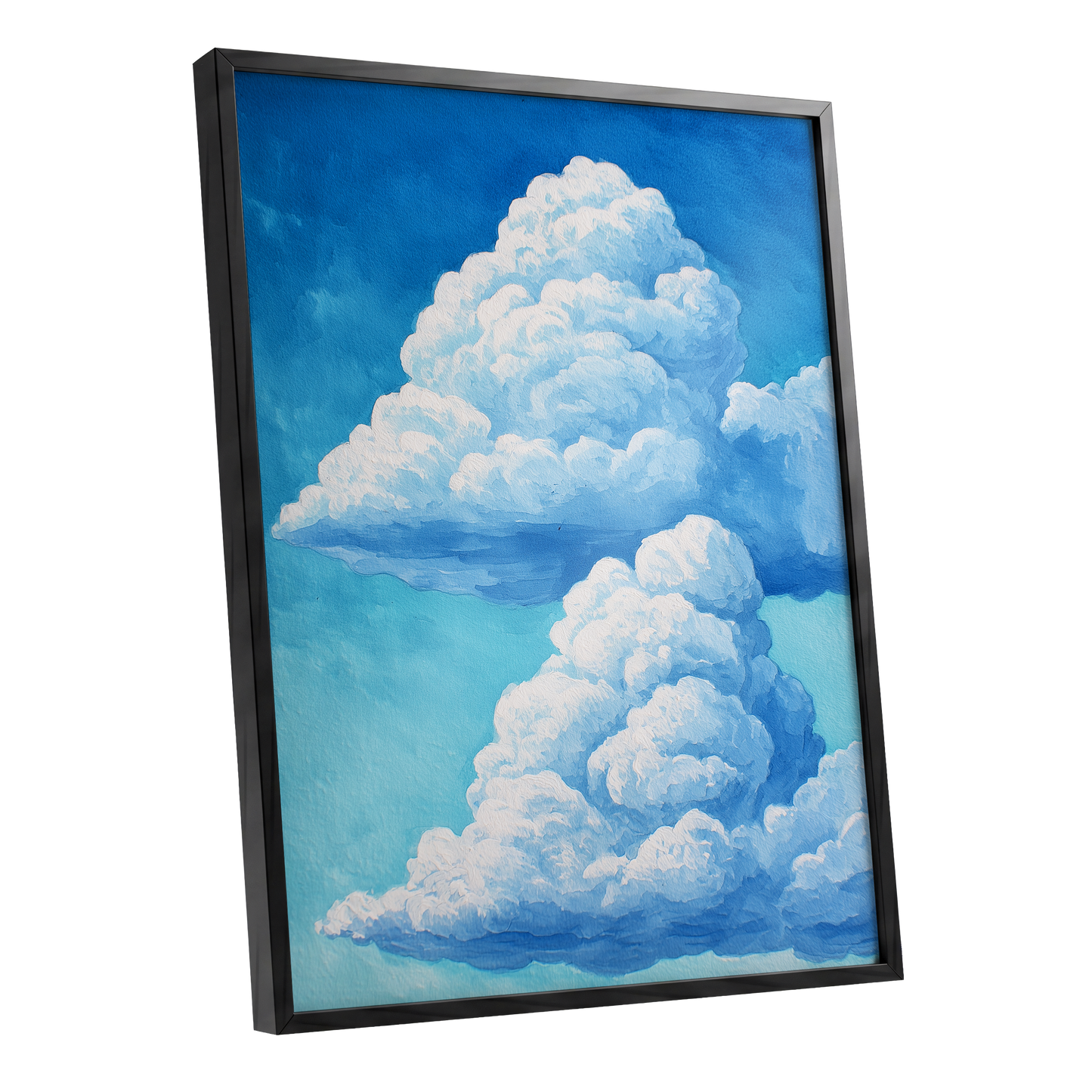 Azure Cloud Towers, blue, white, beige nature wall art shown as a black framed poster wall art print