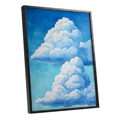 Azure Cloud Towers, blue, white, beige nature wall art shown as a black framed poster wall art print
