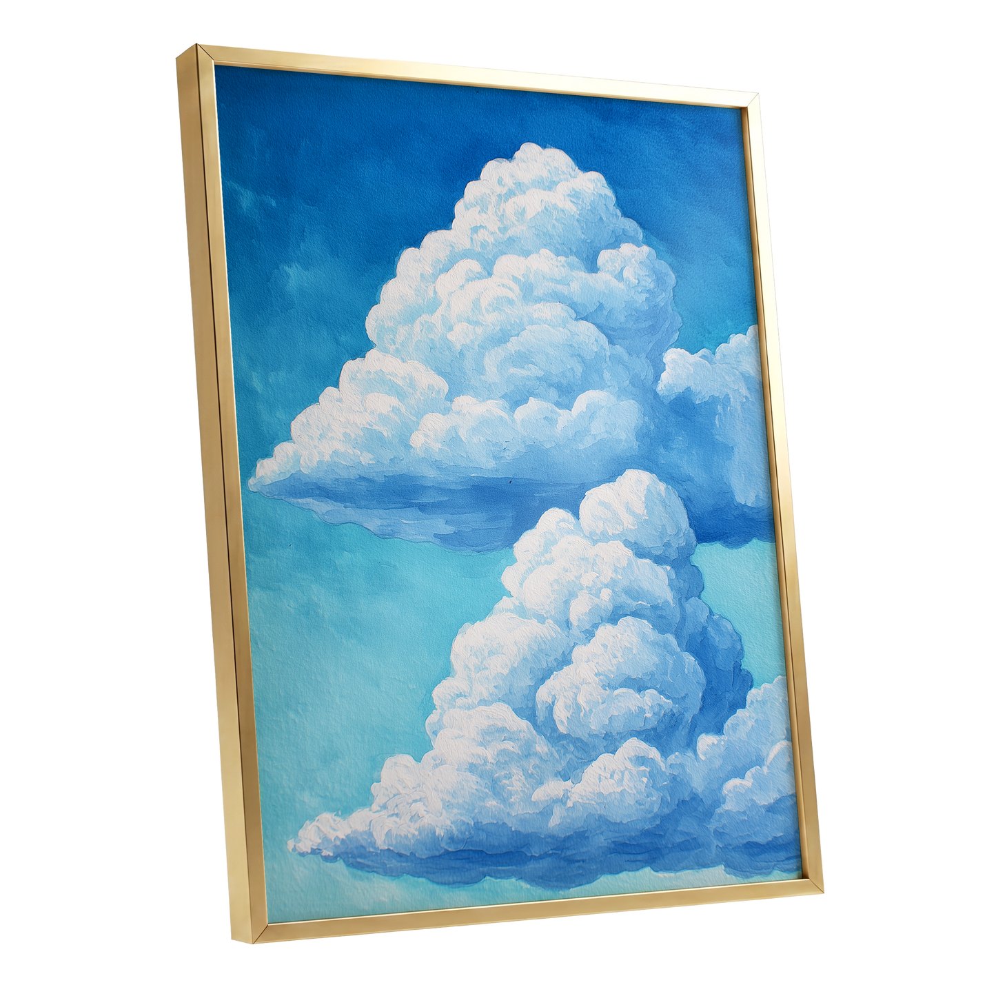 Azure Cloud Towers, blue, white, beige nature wall art shown as a gold framed poster wall art print