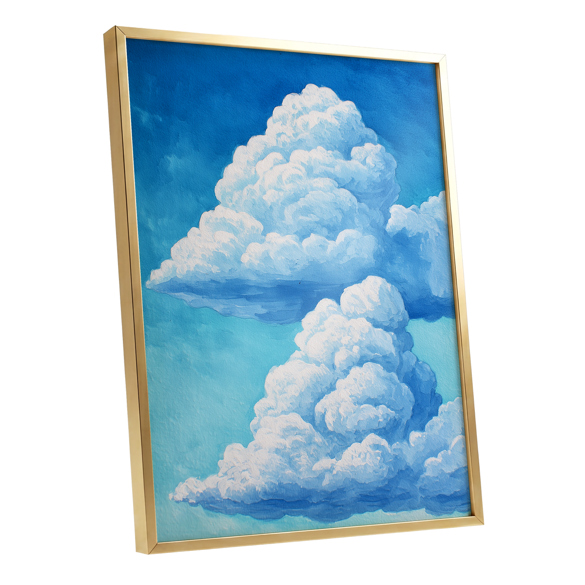 Azure Cloud Towers, blue, white, beige nature wall art shown as a gold framed poster wall art print