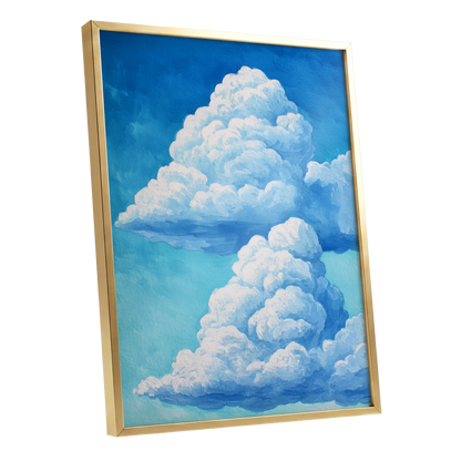 Azure Cloud Towers, blue, white, beige nature wall art shown as a gold framed poster wall art print
