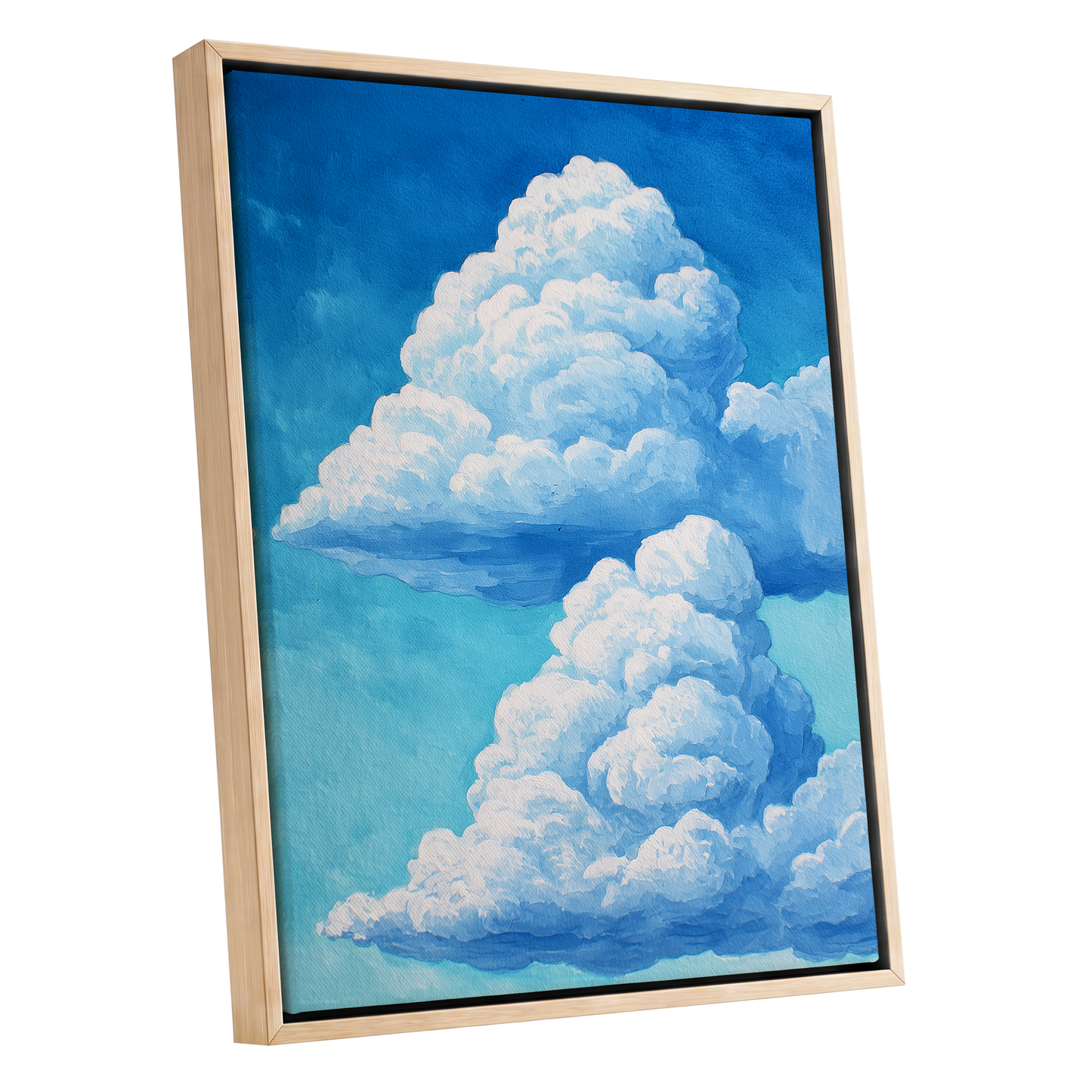Azure Cloud Towers, blue, white, beige nature wall art shown as a oak framed canvas wall art