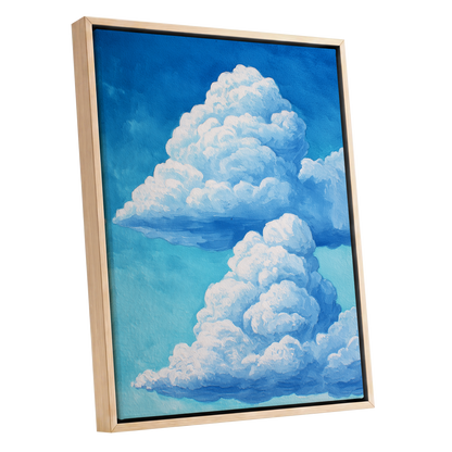 Azure Cloud Towers, blue, white, beige nature wall art shown as a oak framed canvas wall art