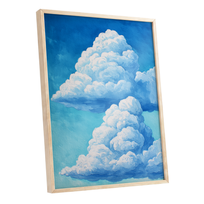 Azure Cloud Towers, blue, white, beige nature wall art shown as a oak framed poster wall art print