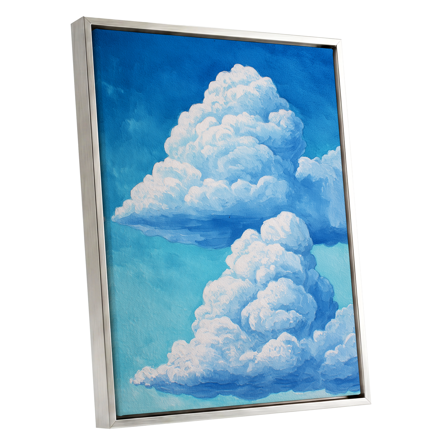 Azure Cloud Towers, blue, white, beige nature wall art shown as a silver framed canvas wall art