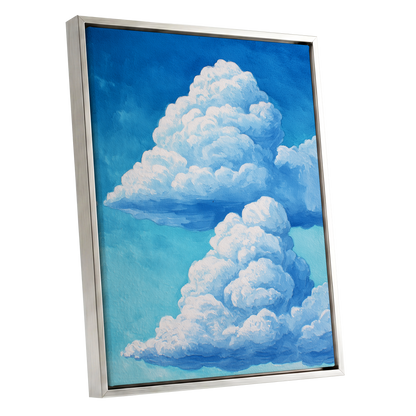 Azure Cloud Towers, blue, white, beige nature wall art shown as a silver framed canvas wall art