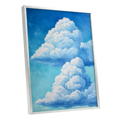 Azure Cloud Towers, blue, white, beige nature wall art shown as a silver framed poster wall art print