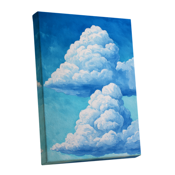 Azure Cloud Towers, blue, white, beige nature wall art shown as a stretched canvas wall art