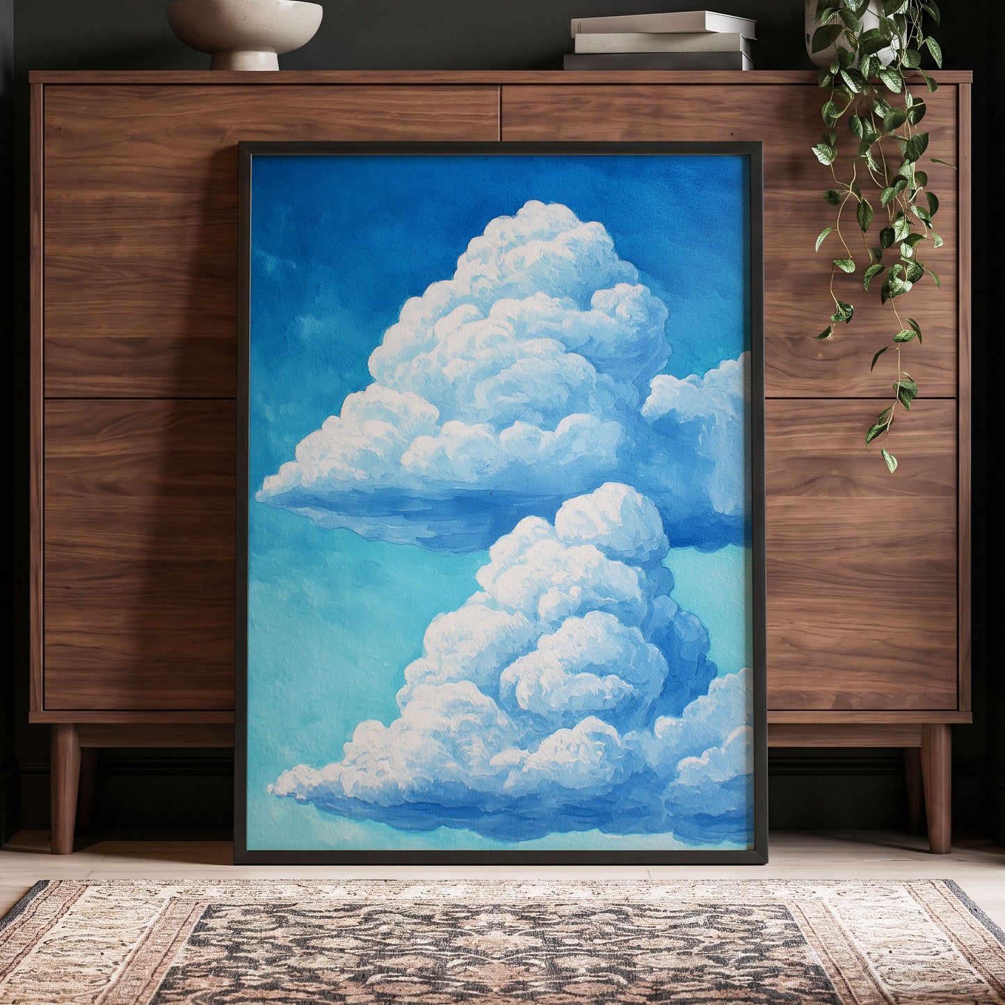 Azure Cloud Towers, blue, white, beige nature wall art displayed in a styled interior, gallery view 2