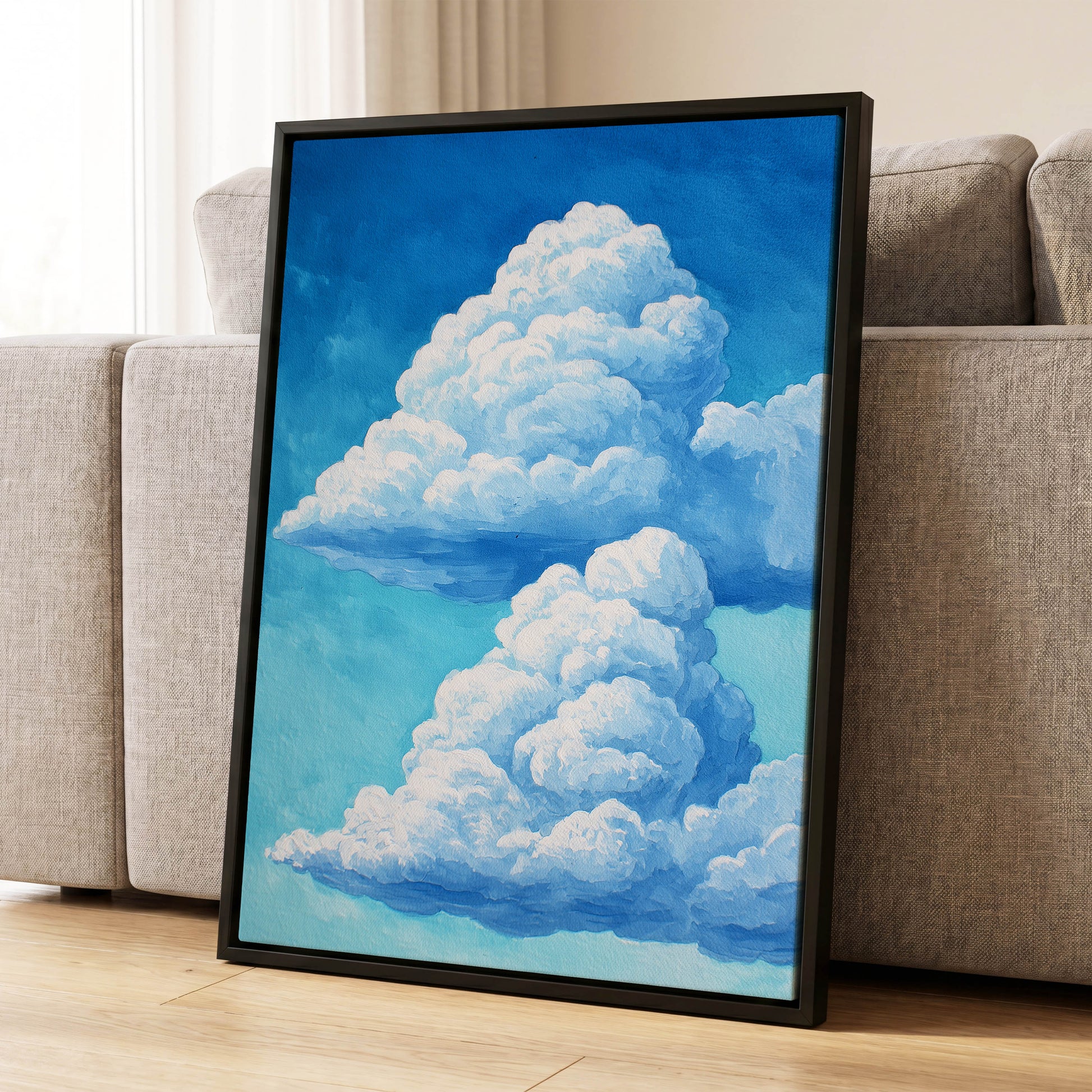 Azure Cloud Towers, blue, white, beige nature wall art displayed in a styled interior, gallery view 4