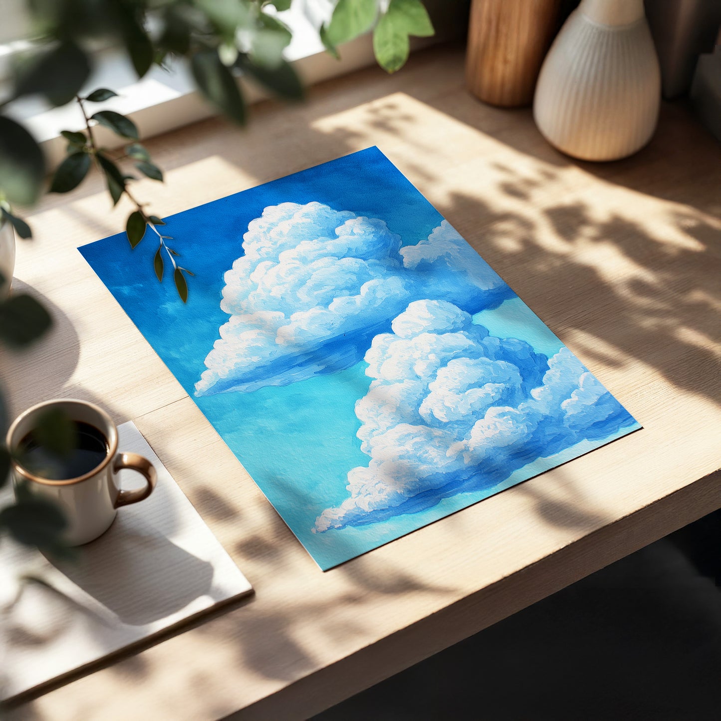 Azure Cloud Towers, blue, white, beige nature wall art displayed in a styled interior, gallery view 5