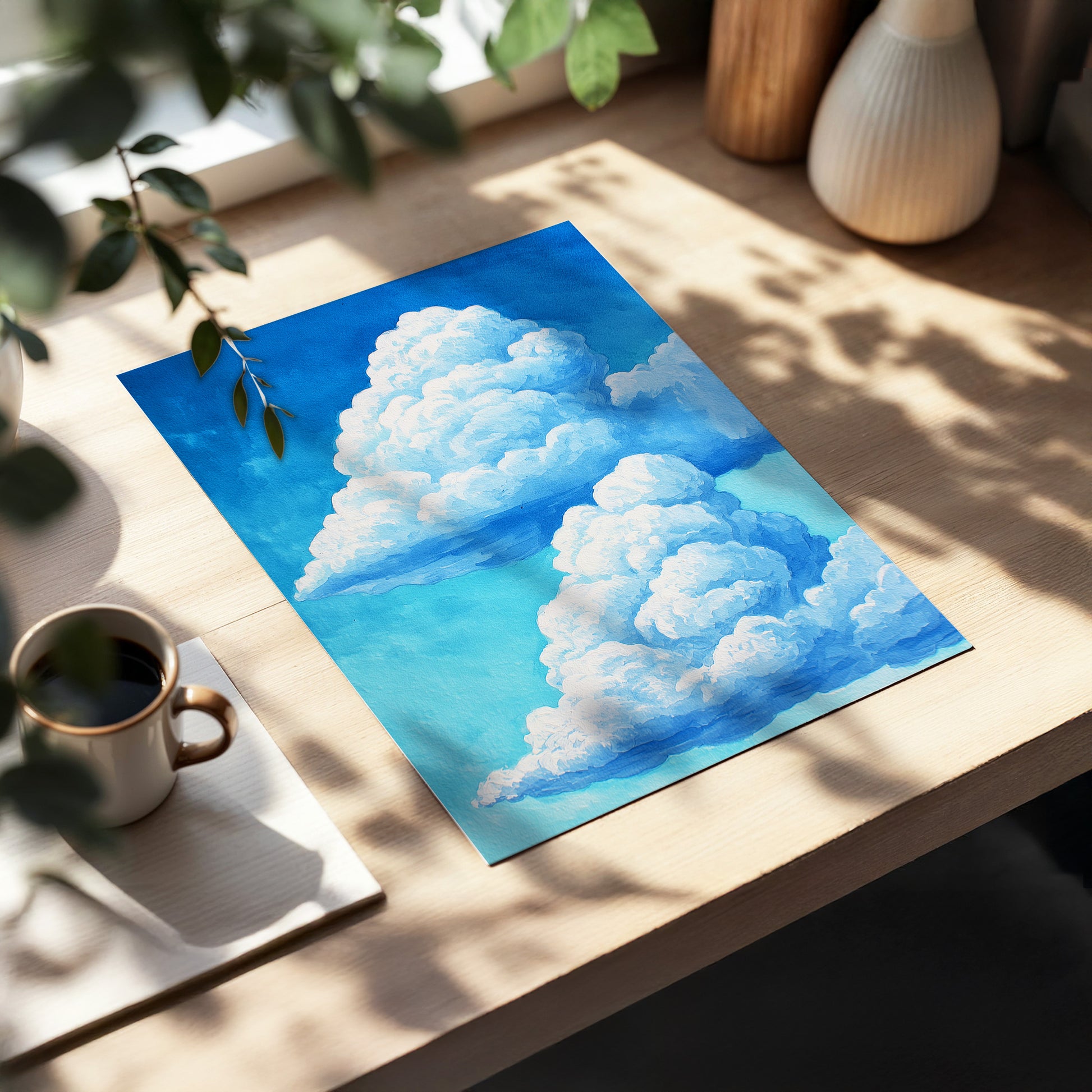 Azure Cloud Towers, blue, white, beige nature wall art displayed in a styled interior, gallery view 5