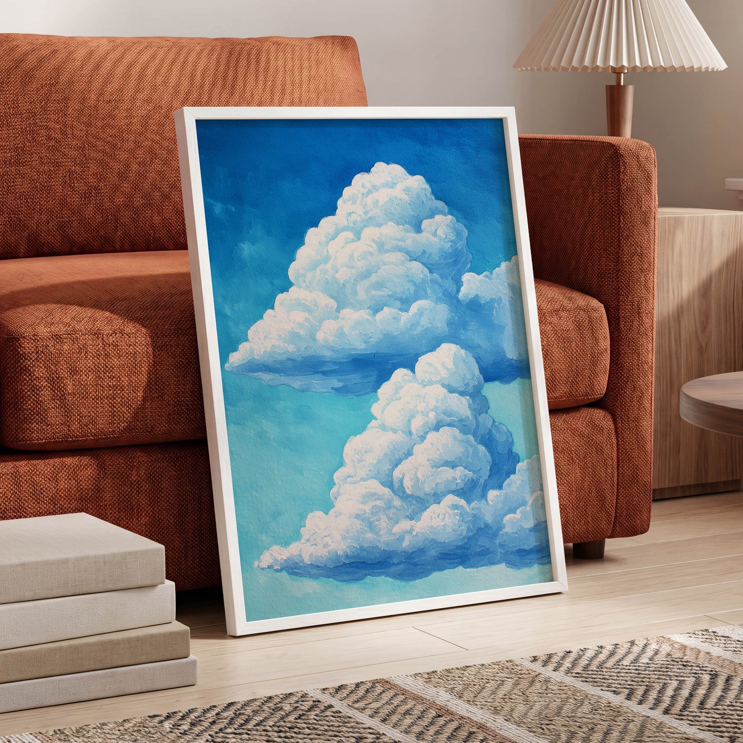 Azure Cloud Towers, blue, white, beige nature wall art displayed in a styled interior, gallery view 6
