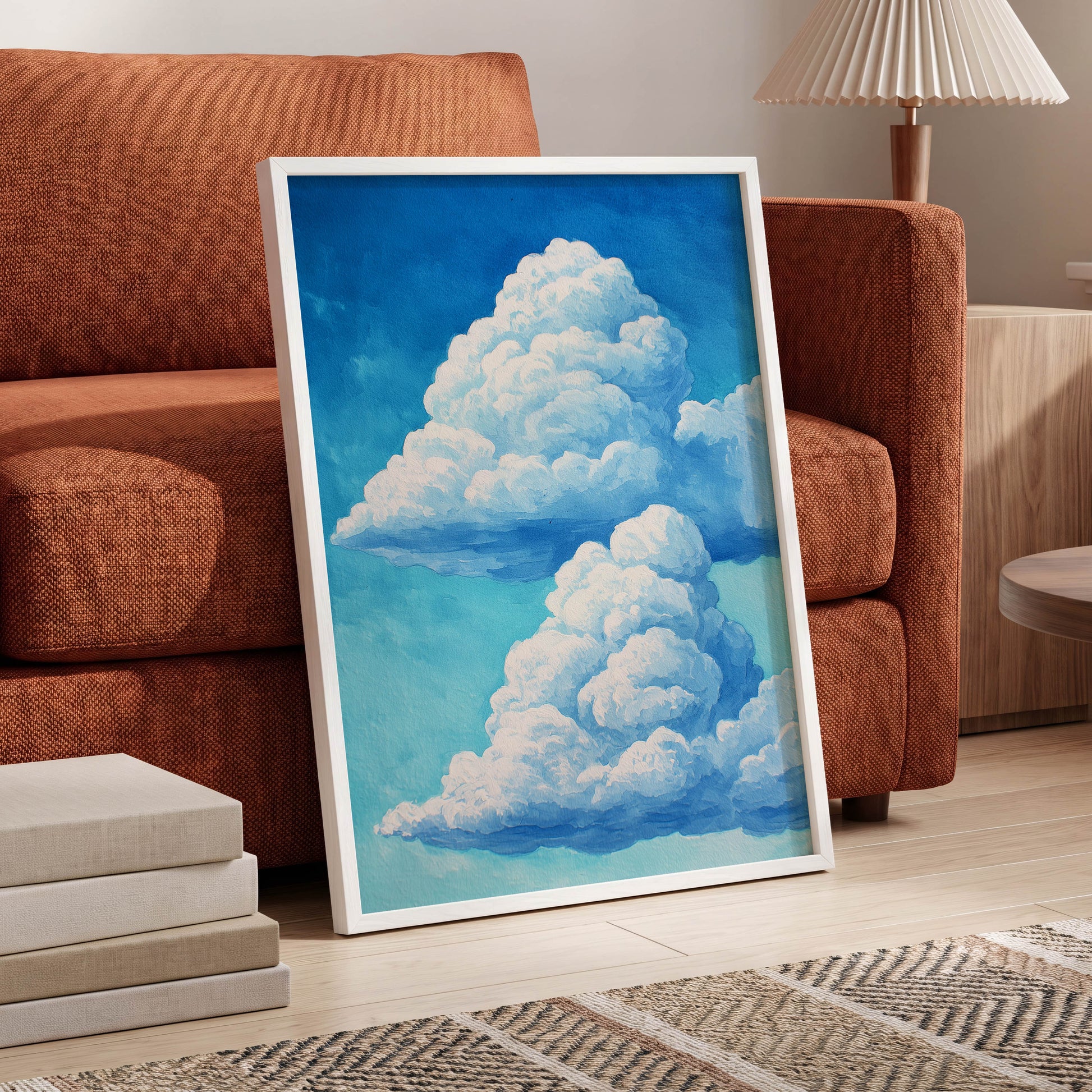 Azure Cloud Towers, blue, white, beige nature wall art displayed in a styled interior, gallery view 6