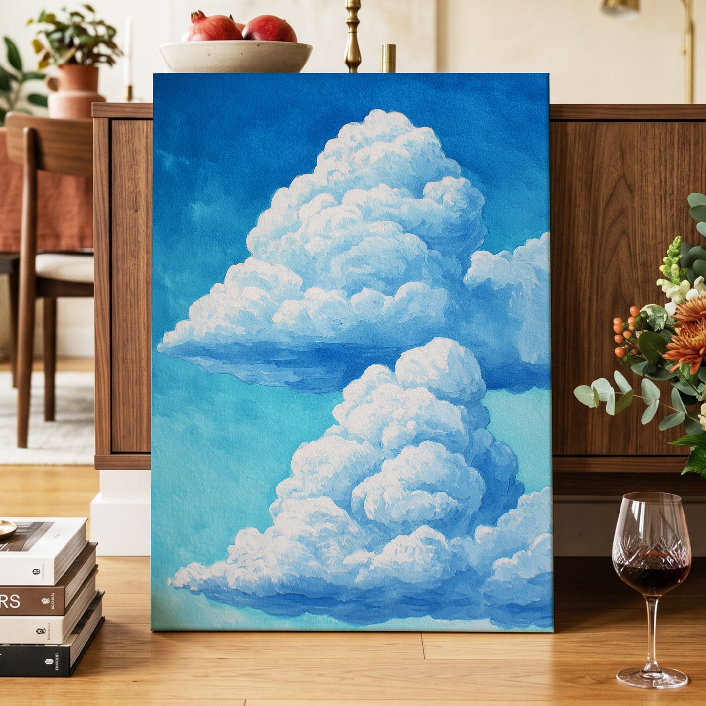 Azure Cloud Towers, blue, white, beige nature wall art displayed in a styled interior, gallery view 7
