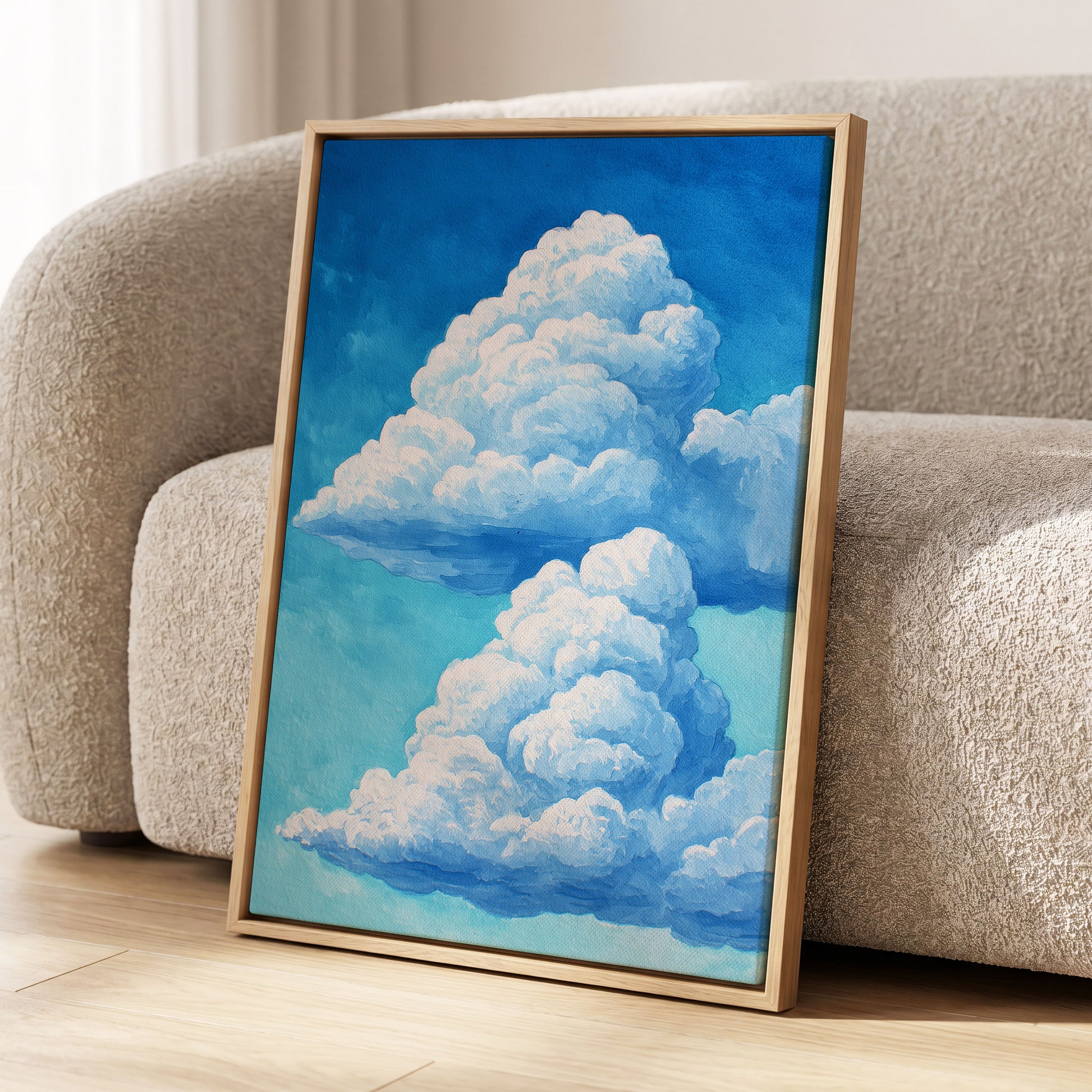 Azure Cloud Towers, blue, white, beige nature wall art displayed in a styled interior, gallery view 8