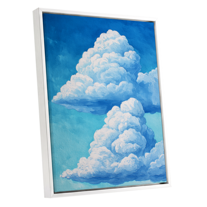 Azure Cloud Towers, blue, white, beige nature wall art shown as a white framed canvas wall art