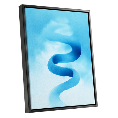 Azure Drift, blue, white, black abstract wall art shown as a black framed canvas wall art