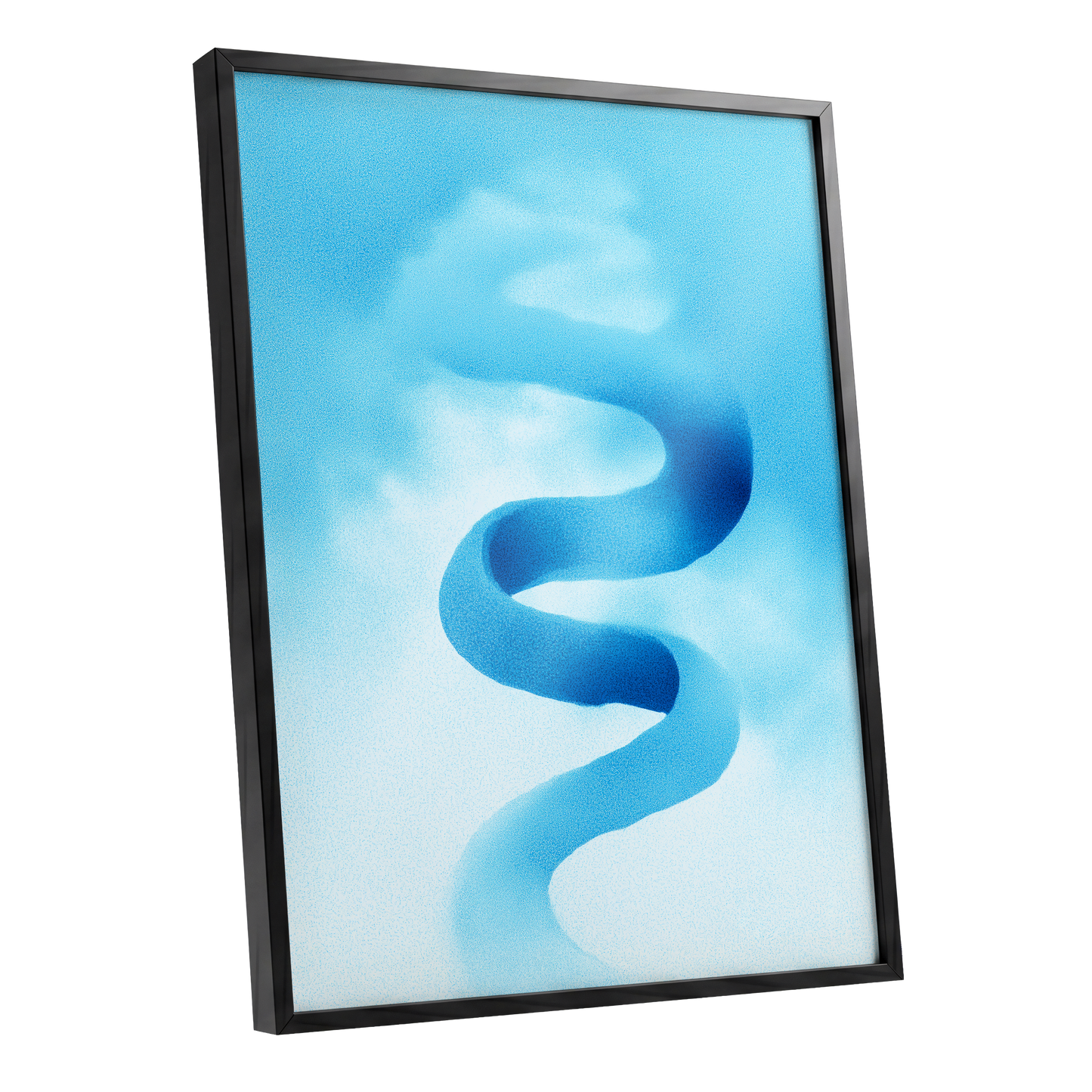 Azure Drift, blue, white, black abstract wall art shown as a black framed poster wall art print