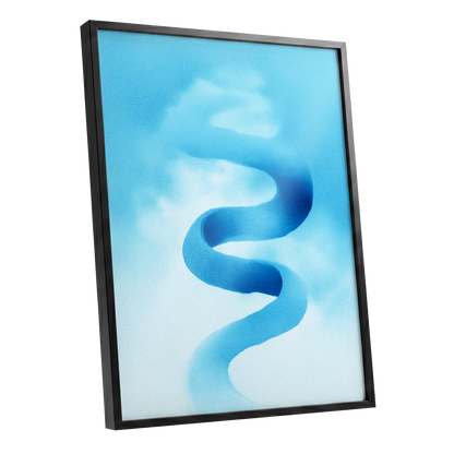 Azure Drift, blue, white, black abstract wall art shown as a black framed poster wall art print