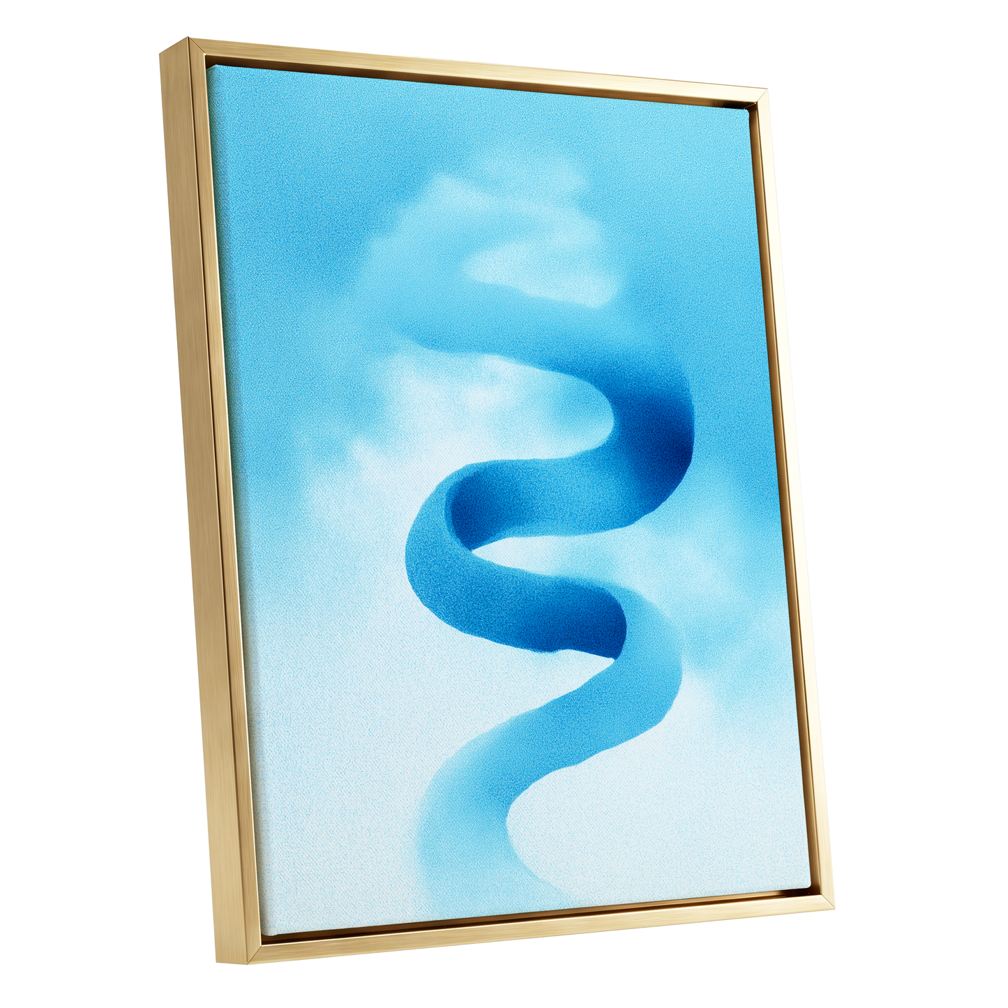 Azure Drift, blue, white, black abstract wall art shown as a gold framed canvas wall art