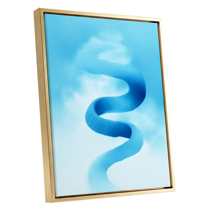 Azure Drift, blue, white, black abstract wall art shown as a gold framed canvas wall art
