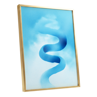 Azure Drift, blue, white, black abstract wall art shown as a gold framed poster wall art print