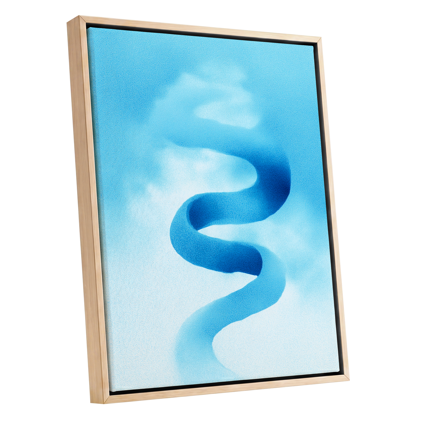 Azure Drift, blue, white, black abstract wall art shown as a oak framed canvas wall art