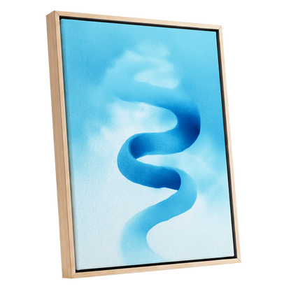 Azure Drift, blue, white, black abstract wall art shown as a oak framed canvas wall art
