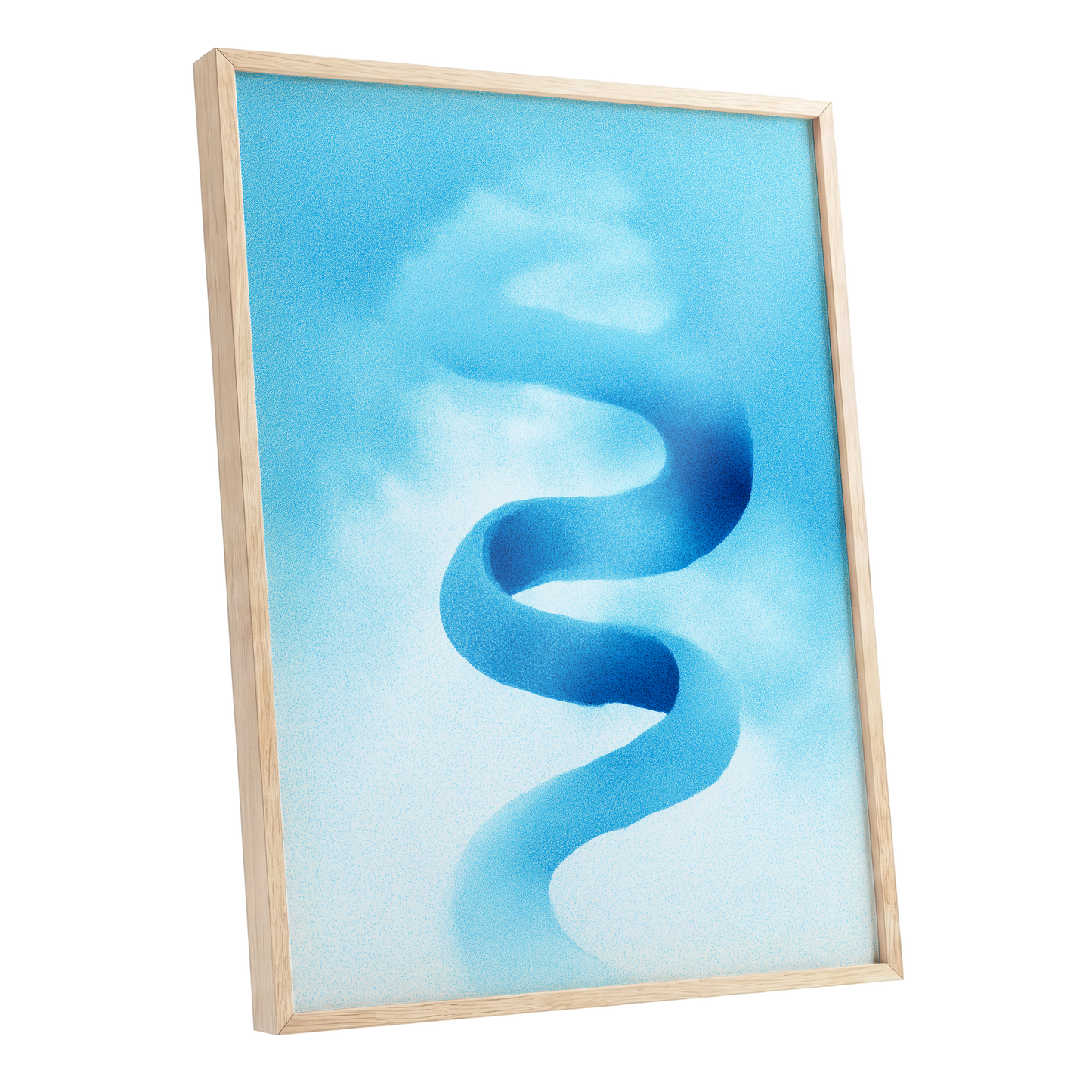Azure Drift, blue, white, black abstract wall art shown as a oak framed poster wall art print